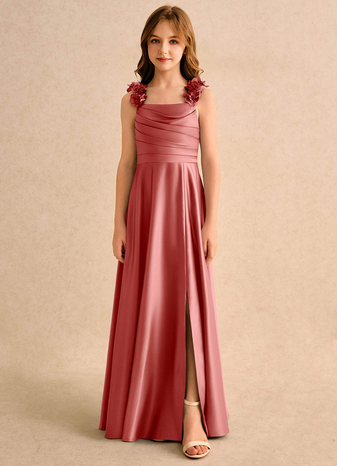 Azazie Rosita Girls Formal Vestidos de florista Vestido Rosa Antiga de Cetim fosco de Linha A com Plissado image2