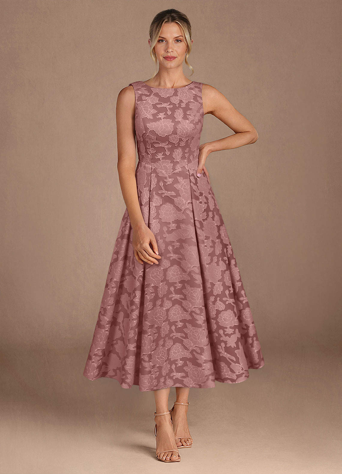 Azazie Fulton Mother of the Bride Dresses Dusty Rose A-Line Pleated Floral Burnout Dress image3