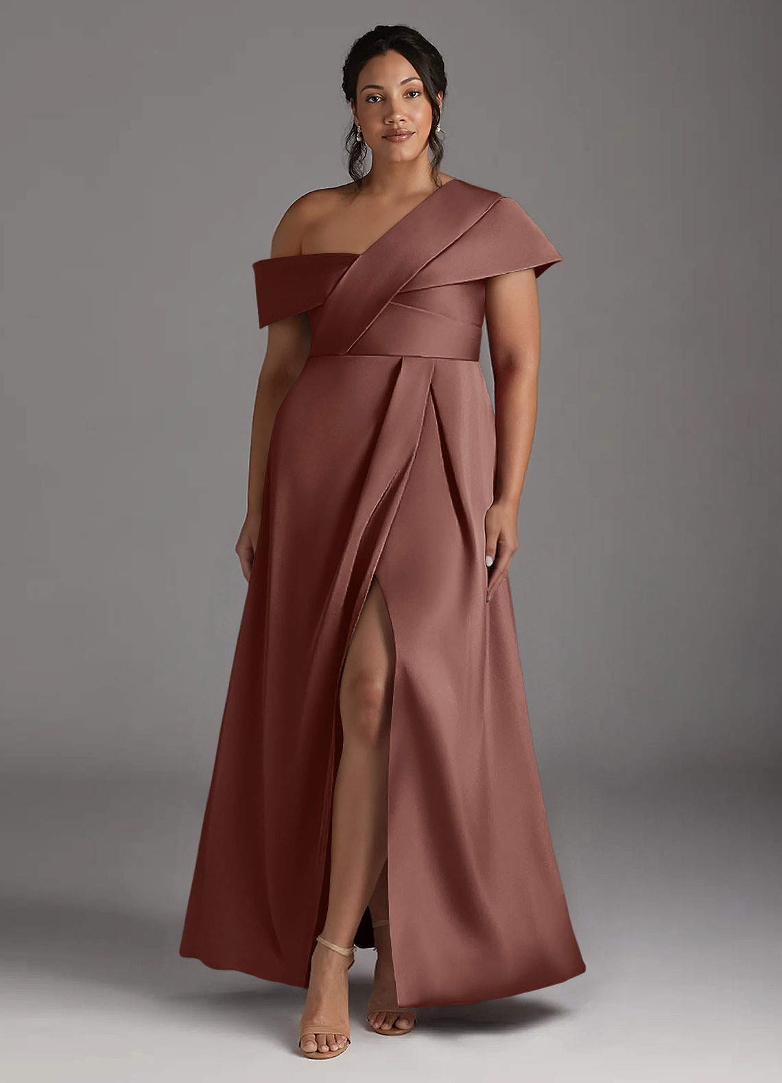 Azazie Milton Mother of the Bride Dresses Espresso A-Line Pleated Stretch Satin Dress image8