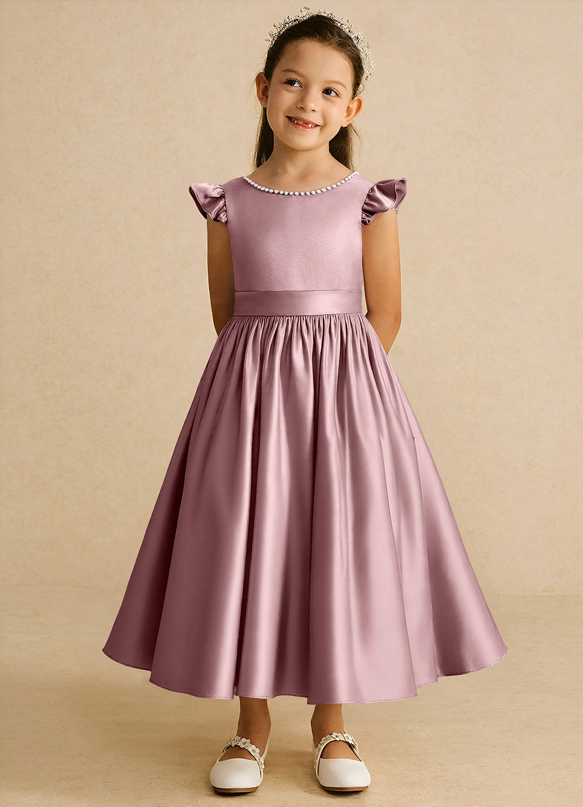 Azazie Dumpling Flower Girl Dresses Dusty Rose A-Line Bow Matte Satin Dress image1