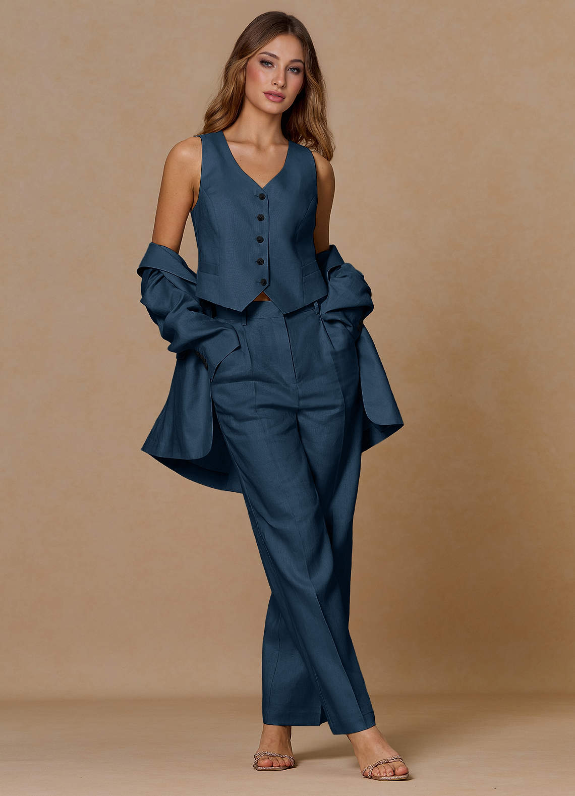 front Belicia Dark Navy 100% Linen 3-Piece Suit