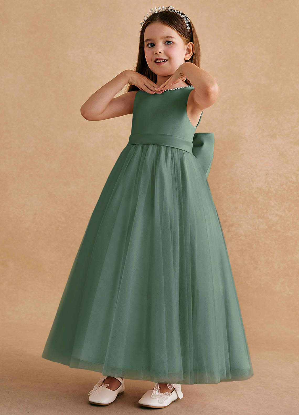 Azazie Cookie Flower Girl Dresses Eucalyptus A-Line Bow Tulle Dress image3
