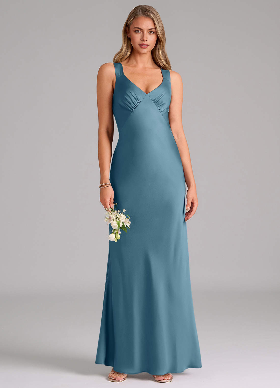 Azazie Kamila Brautjungfernkleider A-Linie Plissee Stretch-Satin Kleid Bermudablau image1