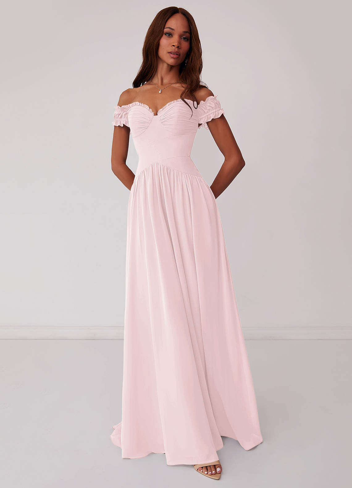 Barbie ♥ Azazie Bridesmaid Dresses Blushing Pink A-Line Off the Shoulder Chiffon Convertible Dress image1