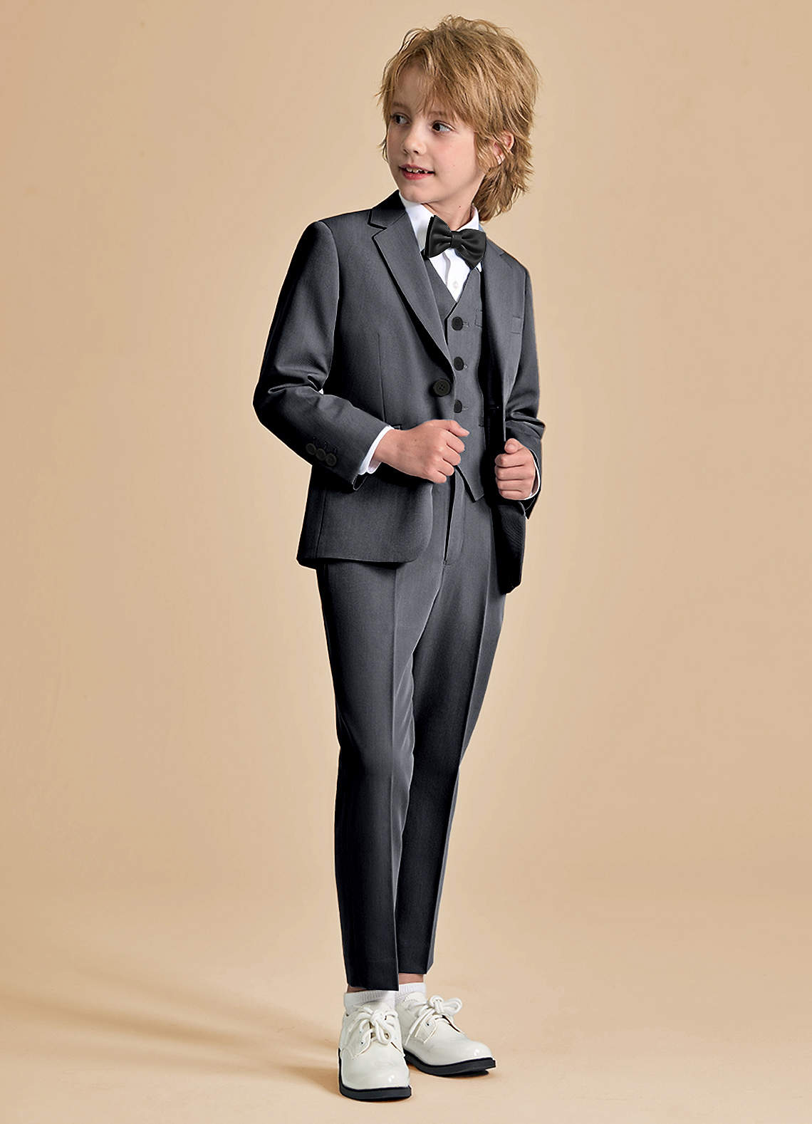 front Oliver Boys Charcoal 5-Piece Suit With Bow Tie