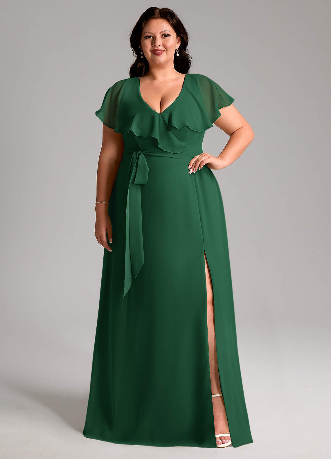 Azazie Lainey Bridesmaid Dresses Dark Green A-Line with Pockets Chiffon Dress image1