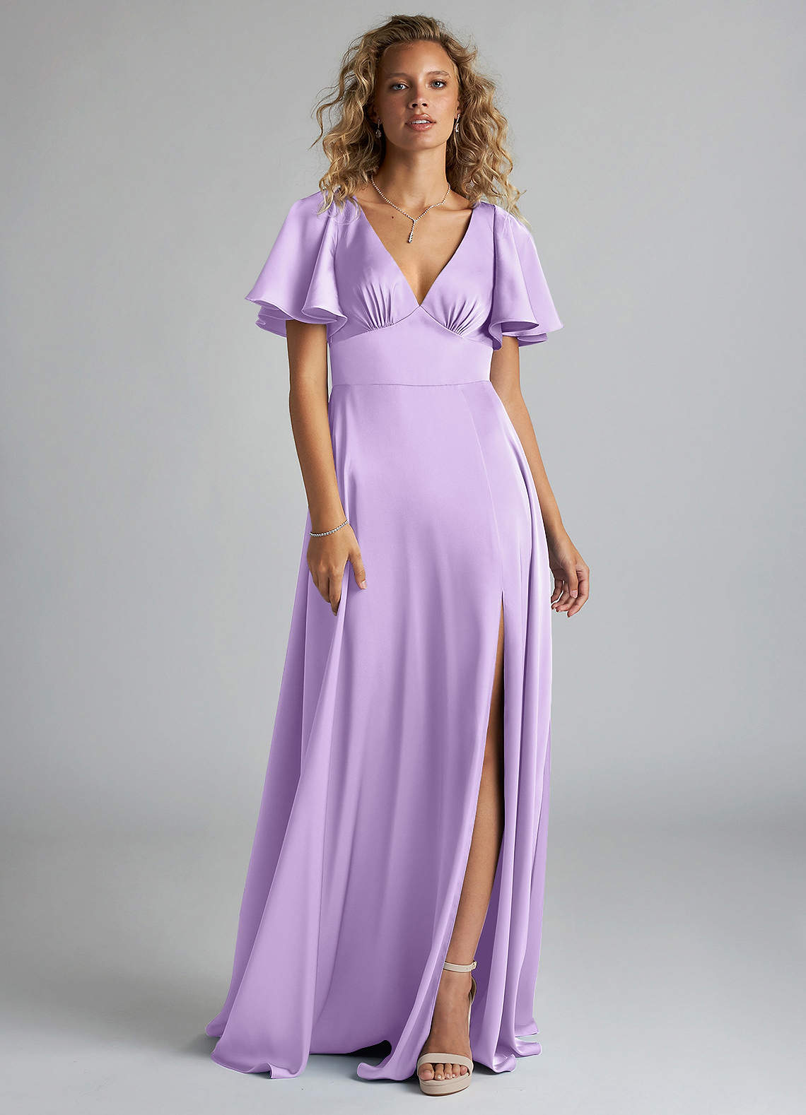 Azazie Kimber Bridesmaid Dresses Lilac A-Line Ruched Stretch Satin Dress image2