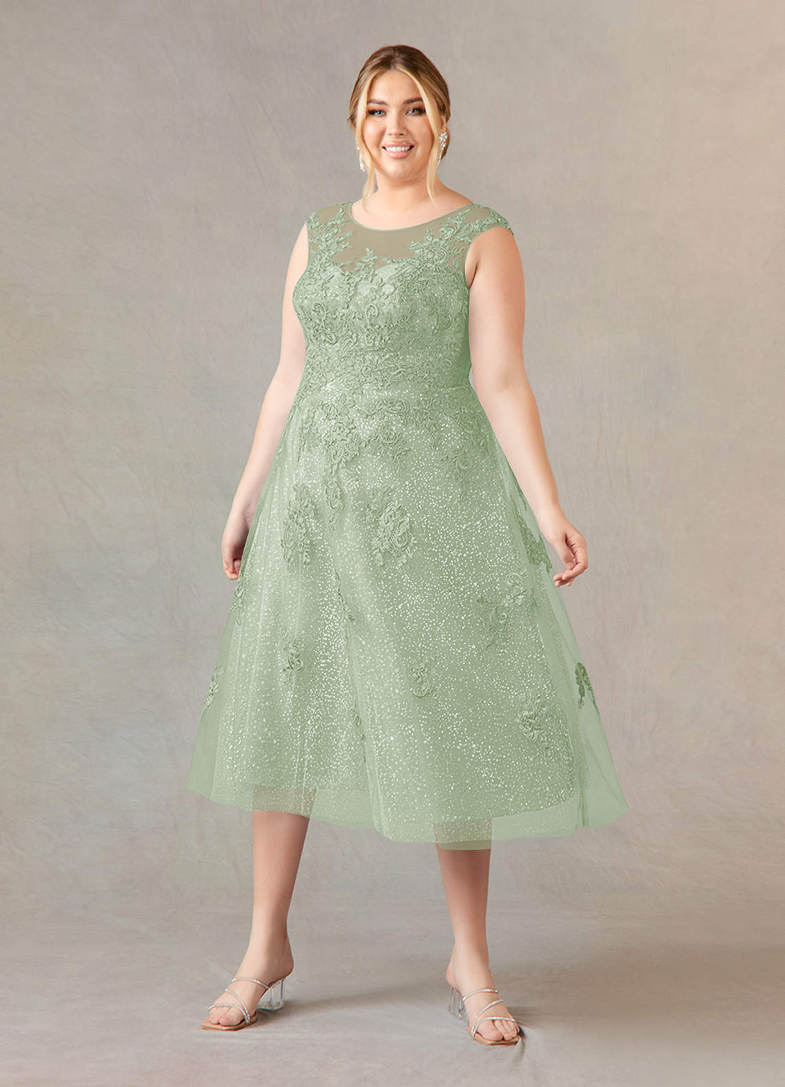 Azazie Flynn Mother of the Bride Dresses Dusty Sage A-Line Boatneck Lace Tulle Dress image5
