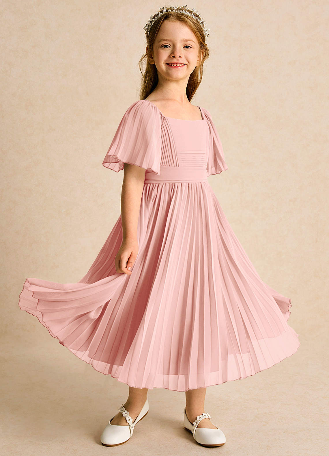 Azazie Gisele Flower Girl Dresses Rosette A-Line Pleated Chiffon Dress image1