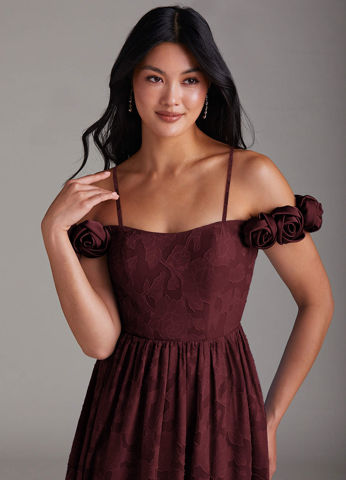 Azazie Autumn Bridesmaid Dresses Cabernet A-Line Off the Shoulder Floral Burnout Convertible Dress image1
