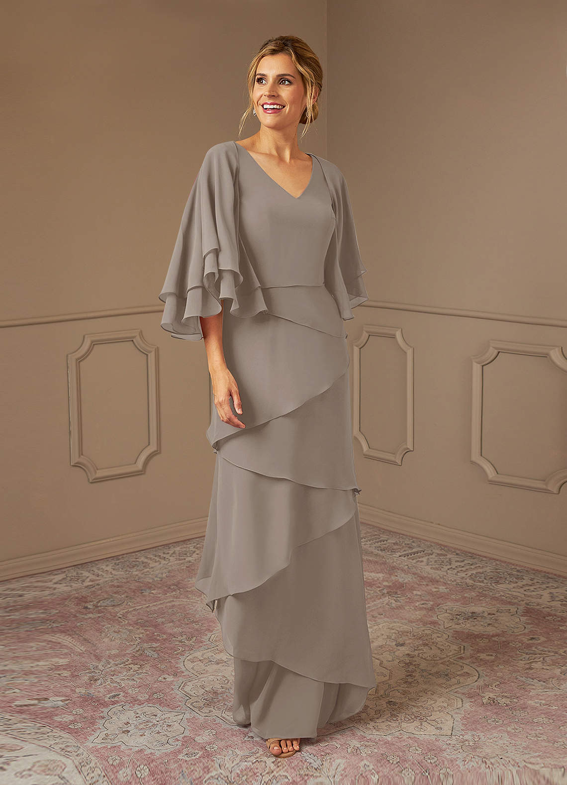 Azazie OHara Mother of the Bride Dresses Taupe A-Line V-Neck Chiffon Dress image1