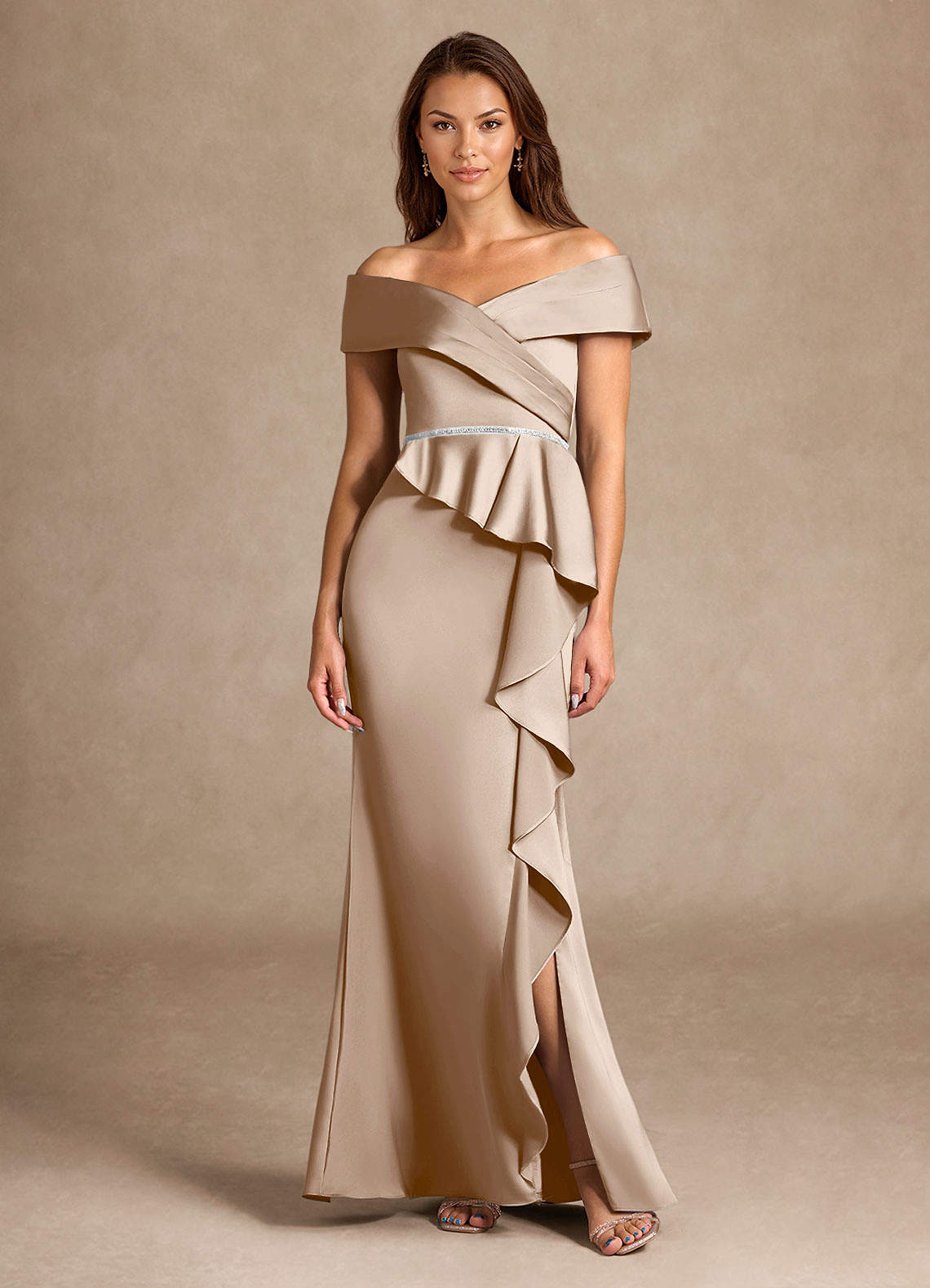 Azazie Dareia vestidos de madre de la novia Vestido de Gris Pardo de Satén Elástico de Sirena con Vestidos sin tirantes image2