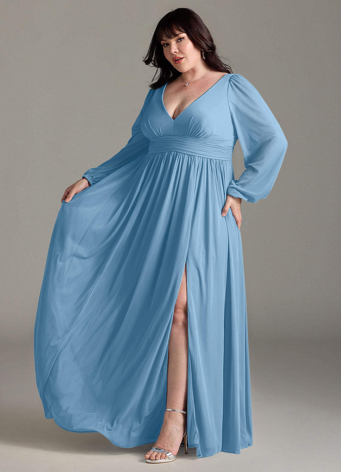 Azazie Norah Abiti da Damigella Abito A-Line in Chiffon con Maniche lunghe e Scollo a V Blu Acciaio image9