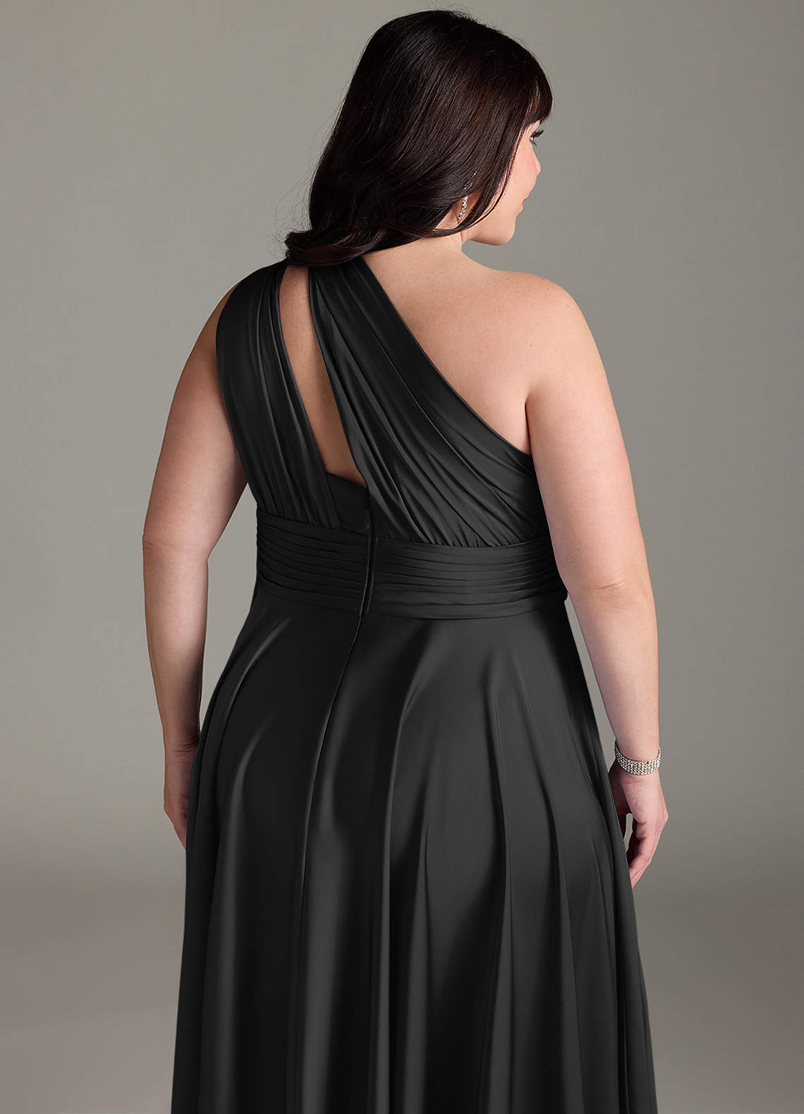Azazie Charlize Bridesmaid Dresses Black A-Line One Shoulder Stretch Satin Dress image15
