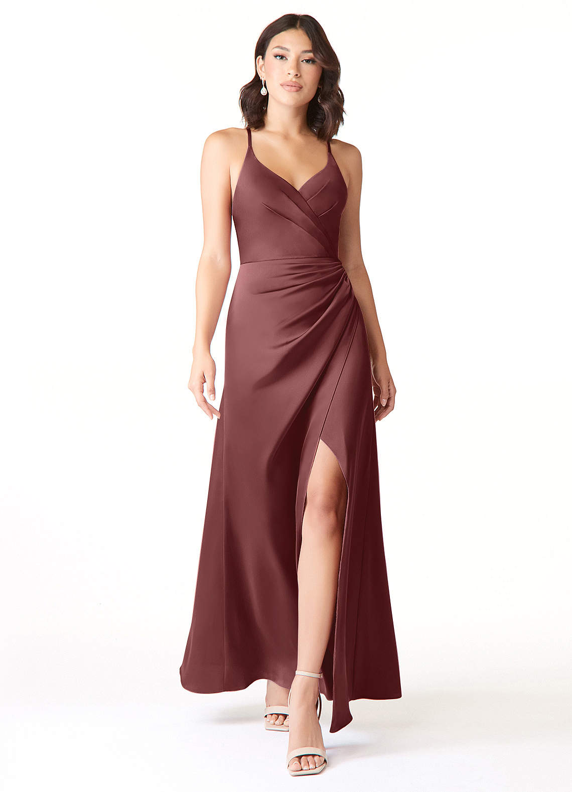 Azazie Geanna Vestidos de damas de honor Vestido de Acai de Stretch Satin de Vestido tubo con Cuello en V Plisado image1