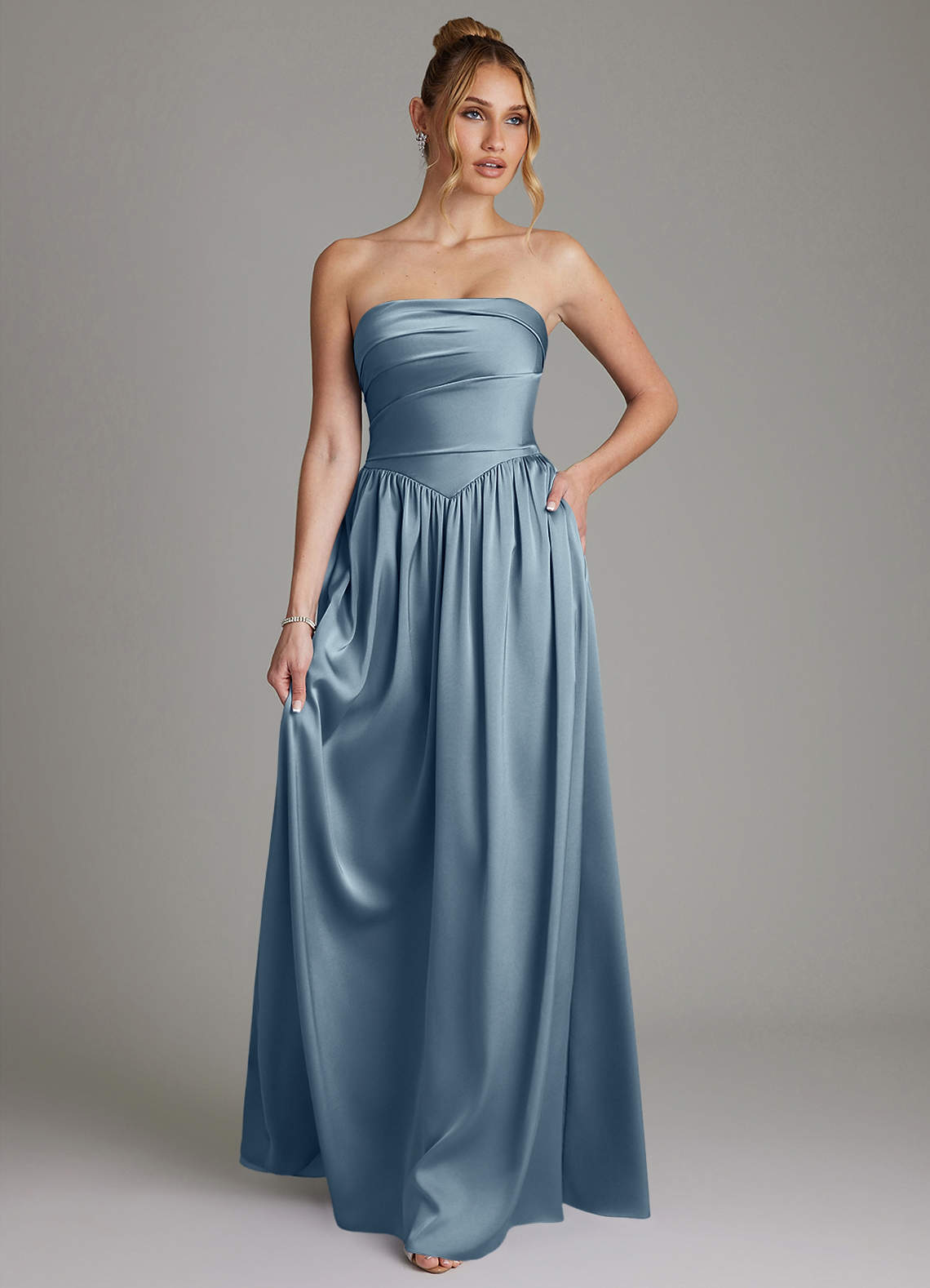 Azazie Zena Dusty Blue Stretch Satin Bridesmaid Dresses | Azazie