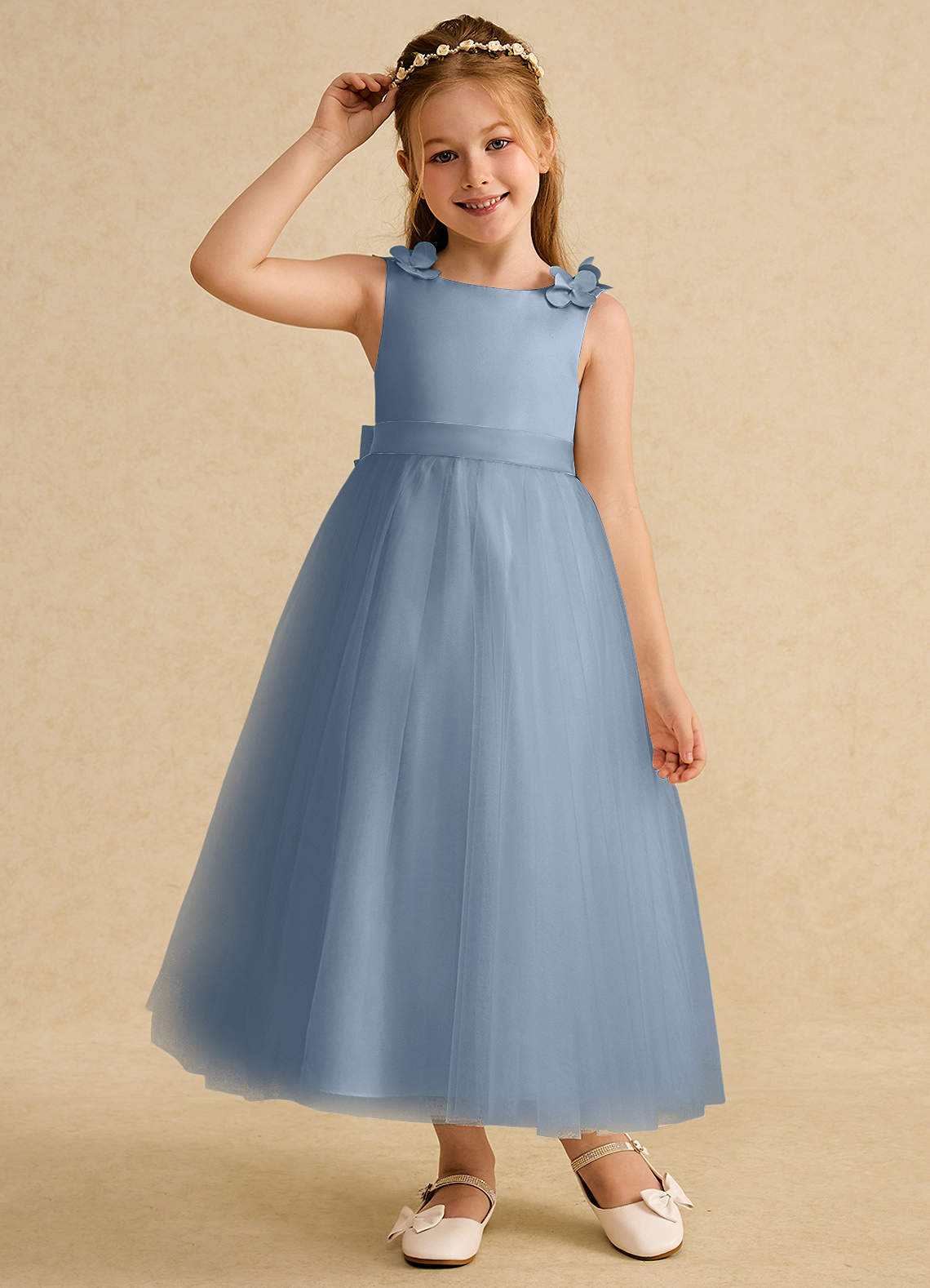 Azazie Lilli Robe Demoiselle D'honneur Fillette Robe Trapèze en Tulle Arc Bleu Poussiéreux Bleu Poussiéreux image4