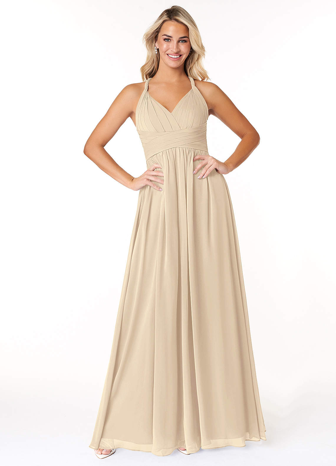 Azazie Ashia Bridesmaid Dresses Champagne A-Line Pleated Chiffon Dress image1