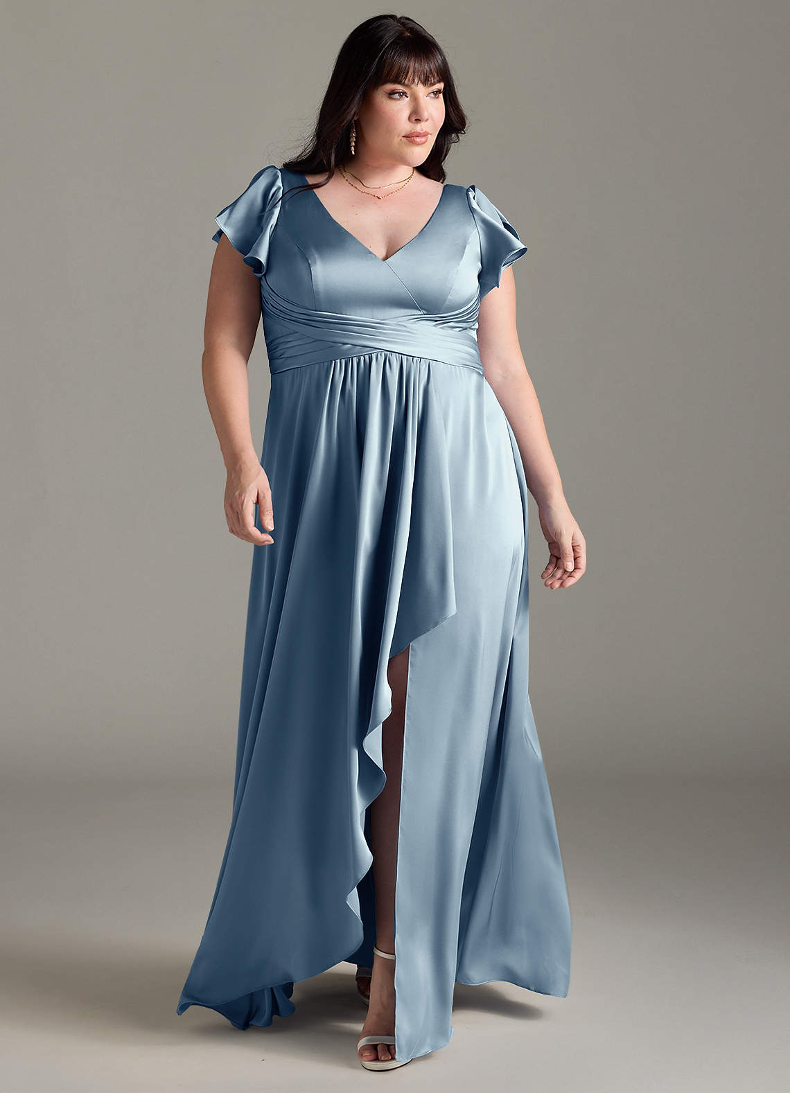 Azazie Omari Bridesmaid Dresses Dusty Blue A-Line Stretch Satin Dress image1