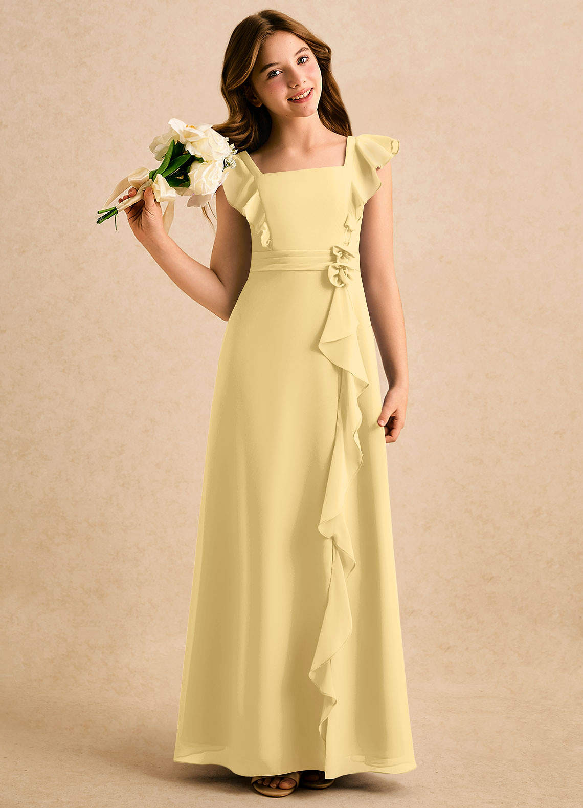 Azazie A-Line/Princess Square Neck Floor-Length Chiffon Flower Girl Dresses - Butter