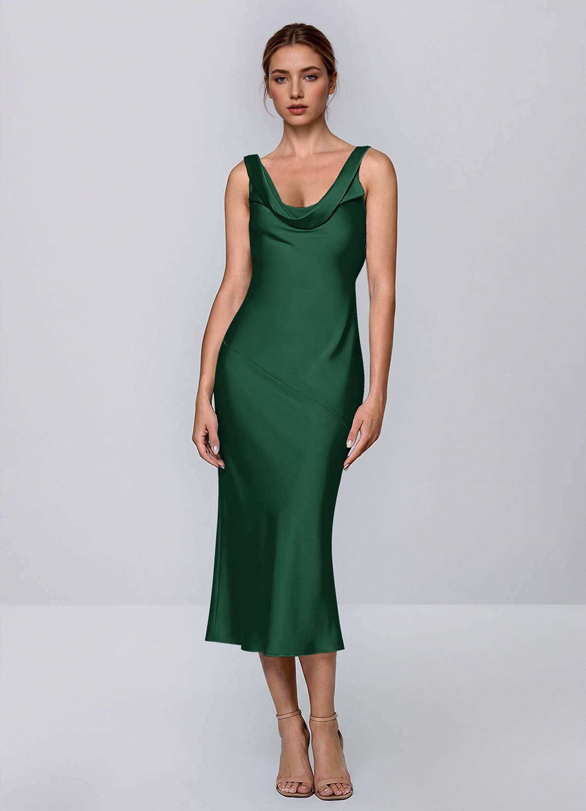 green midi dress satin Inez Emerald Cowl Tie-Back olive satin dress