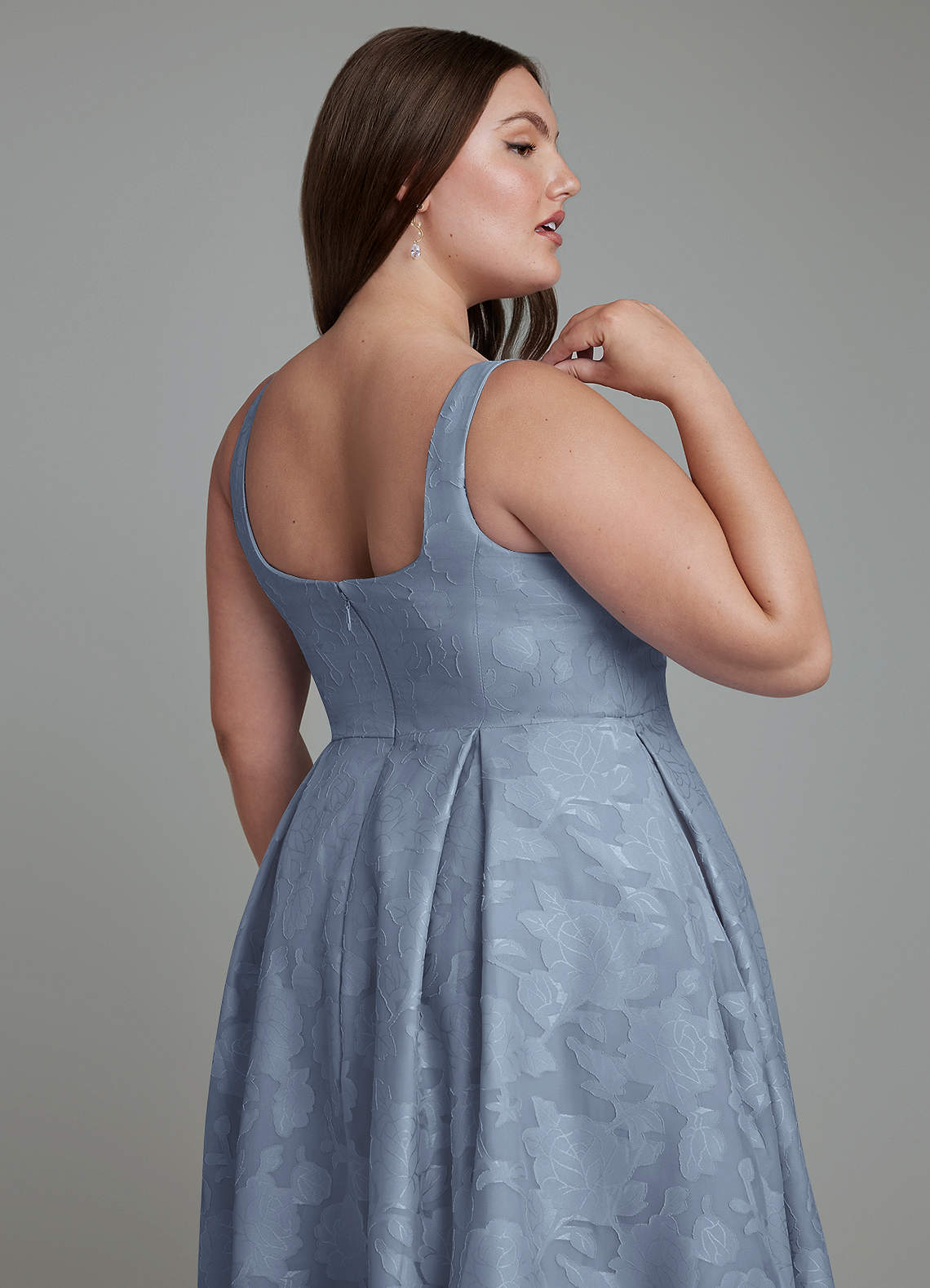 Azazie Amalie Bridesmaid Dresses Dusty Blue A-Line Pleated Floral Burnout Dress image7