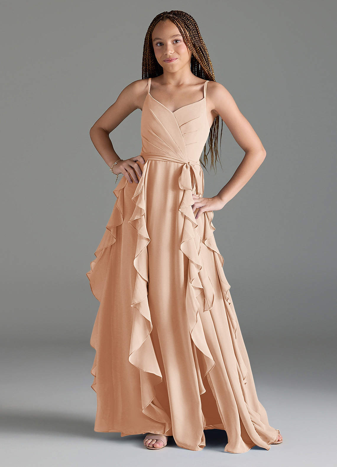 Azazie Peyton Junior Vestido de Rosa Inglesa de Gasa de Corte En A con Volantes en cascada Cuello en V image1