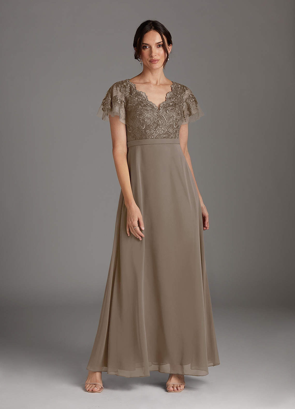 Azazie Singer Taupe A-Line V-Neck Lace Chiffon Dress | Azazie