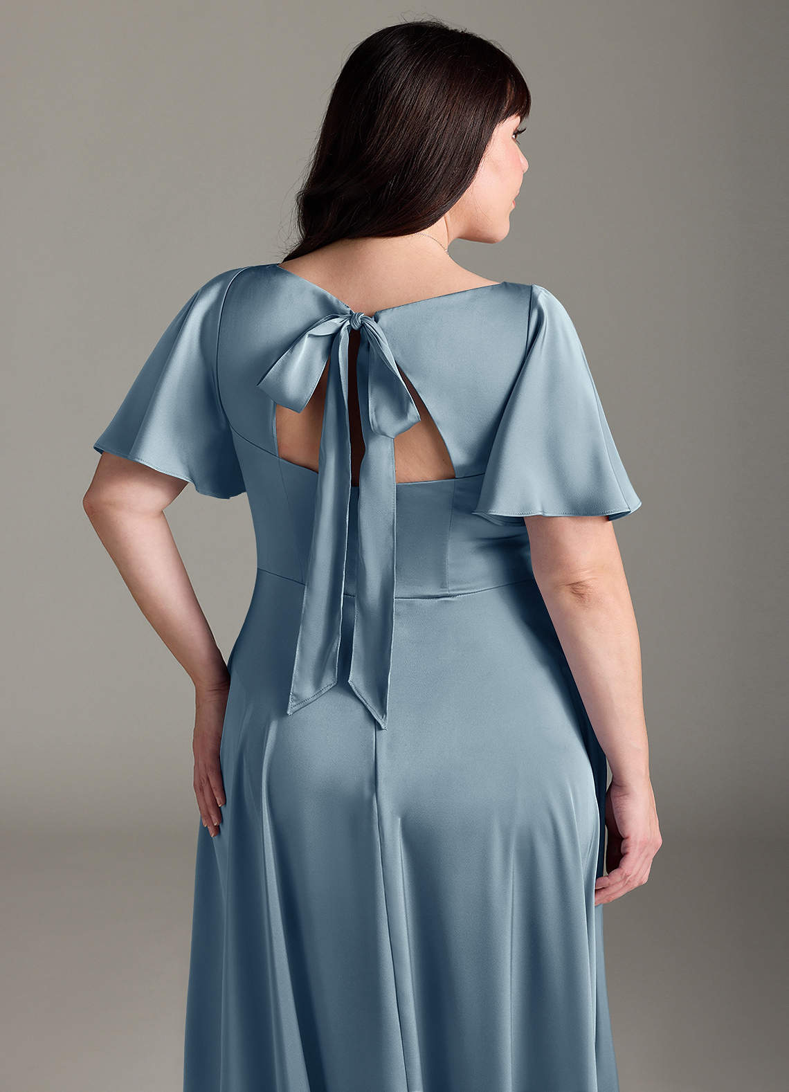 Azazie Kimber Bridesmaid Dresses Dusty Blue A-Line Ruched Stretch Satin Dress image11