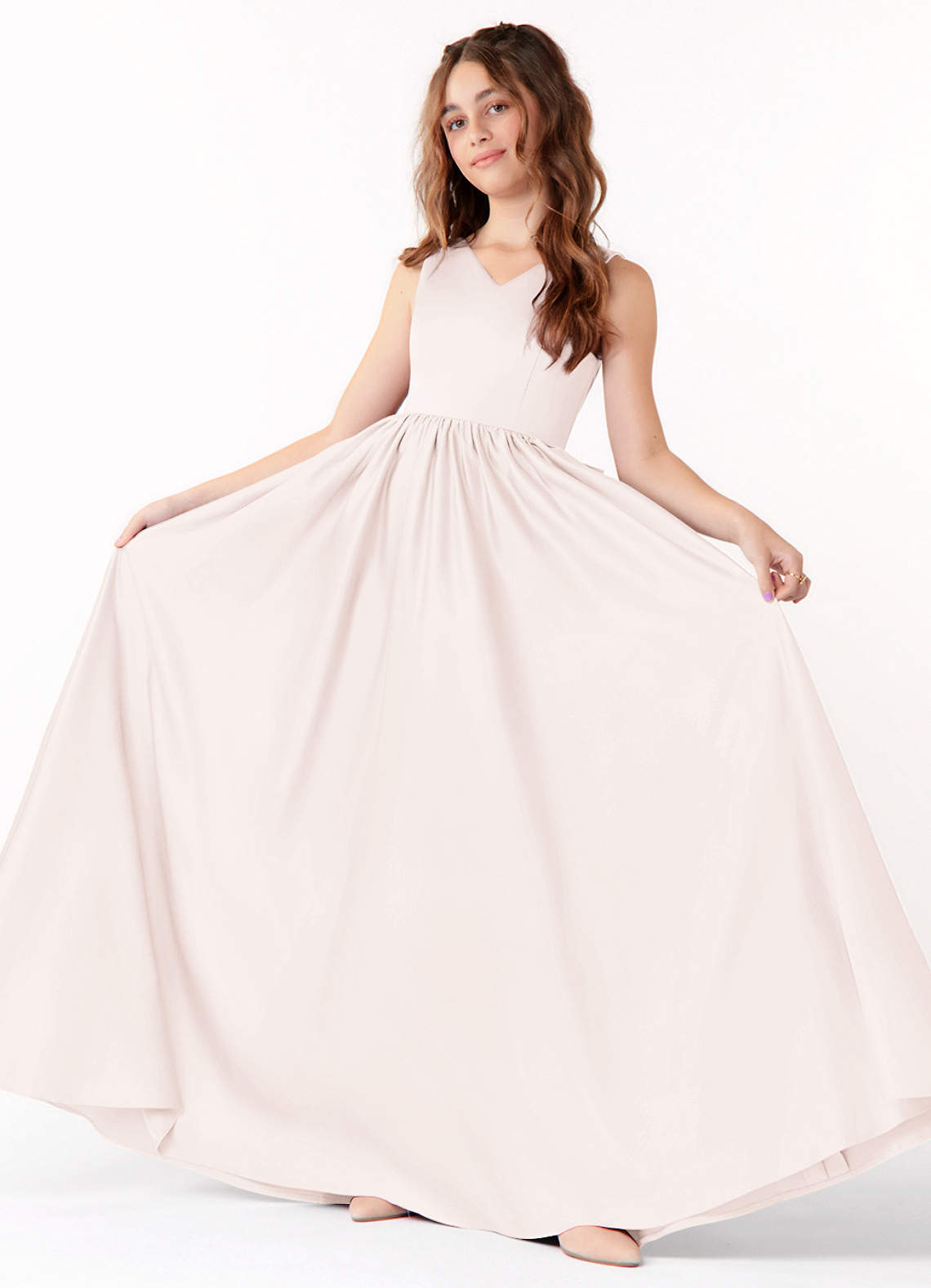 Azazie Hathaway Junior Robe Trapèze en Mat Satiné Arc Rose Pétale image1