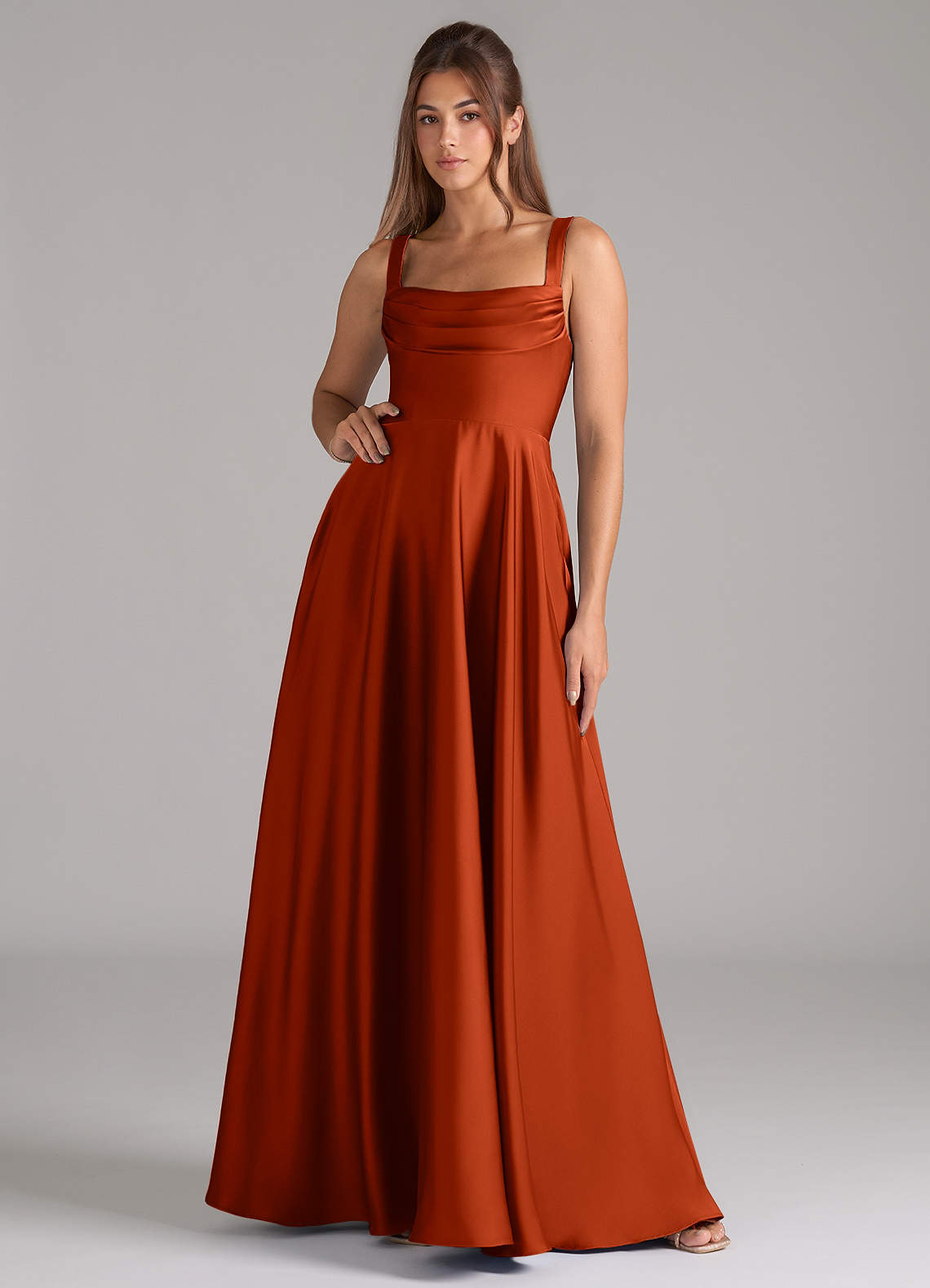 Azazie Shaude Brautjungfernkleider A-Linie Plissee Stretch-Satin Kleid Paprika image1