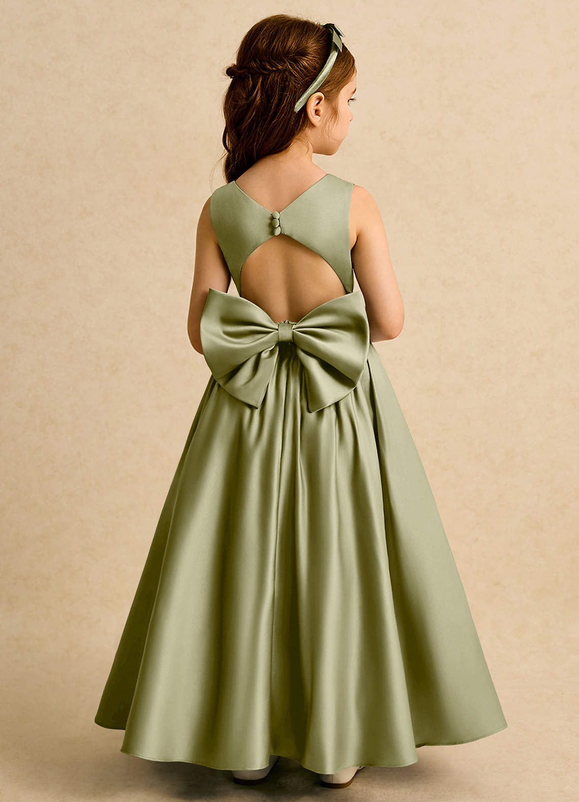Azazie Nellia Flower Girl Dresses Moss Green A-Line Bow Matte Satin Dress image1