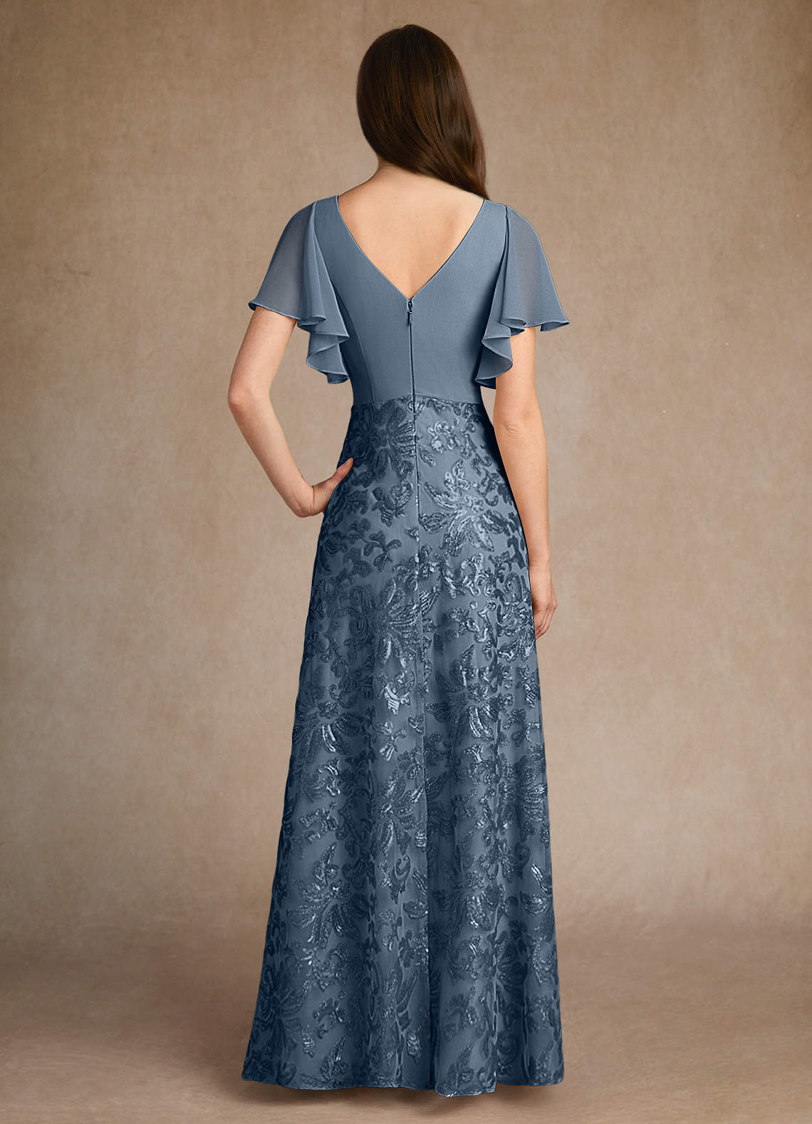 Azazie Fallon vestidos de madre de la novia Vestido de Azul Polvoriento de Encaje de Corte En A con Plisado image3