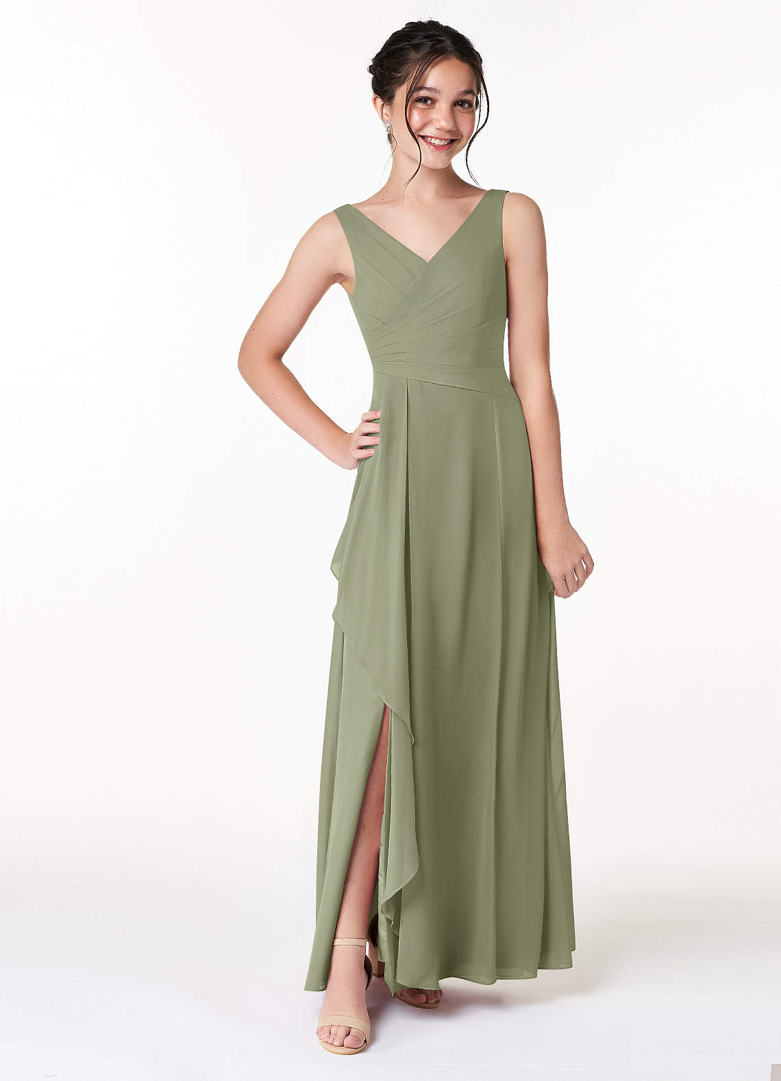 Azazie Kori Junior Pistachio A-Line Ruched Chiffon Dress image1