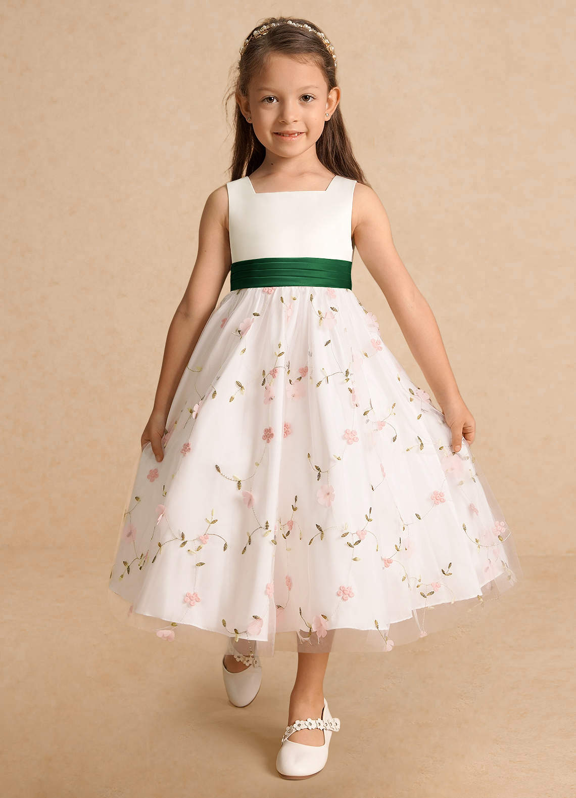Azazie Pollie Flower Girl Dresses Blushing Pink Dark Green A-Line Bow Tulle Dress image9