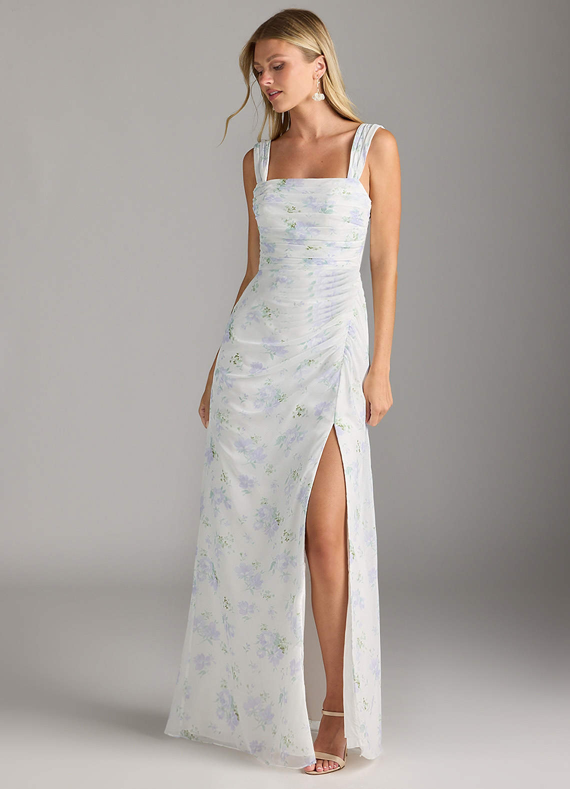 Azazie Jesaphine Bridesmaid Dresses Blue Vintage Floral Sheath Bow Chiffon Dress image1
