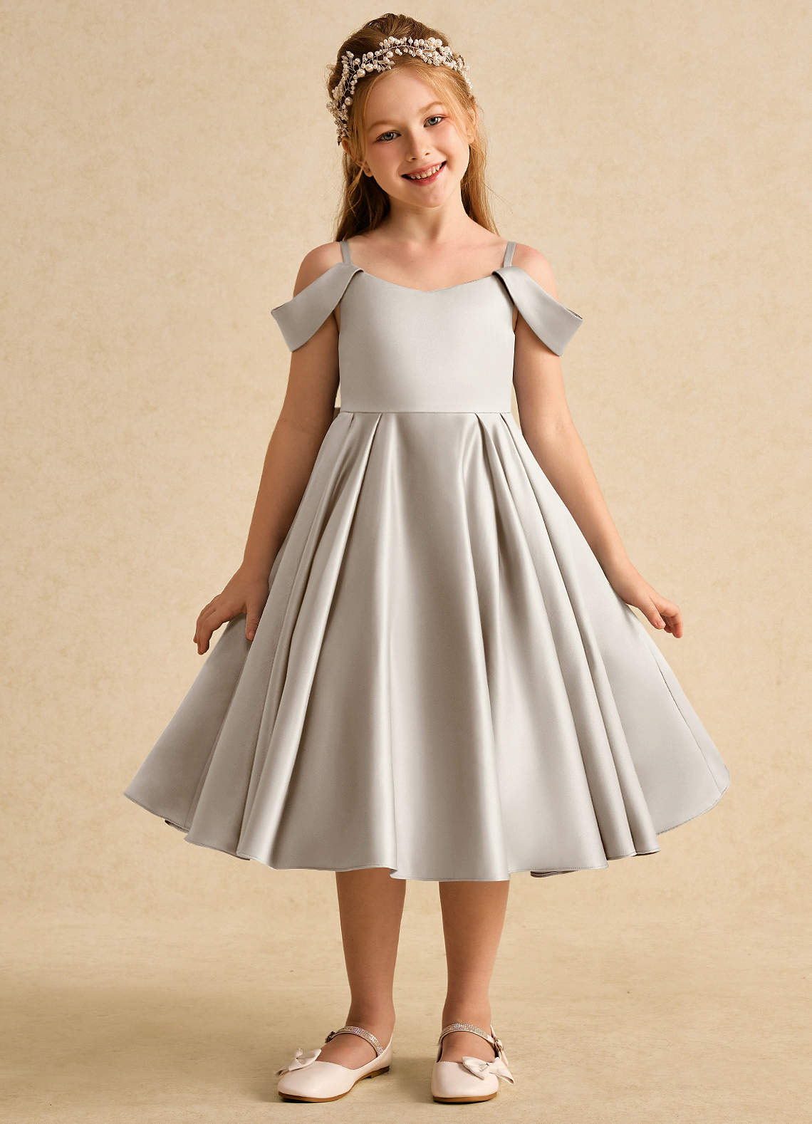 Azazie Favia Flower Girl Dresses Frost A-Line Off the Shoulder Matte Satin Dress image1