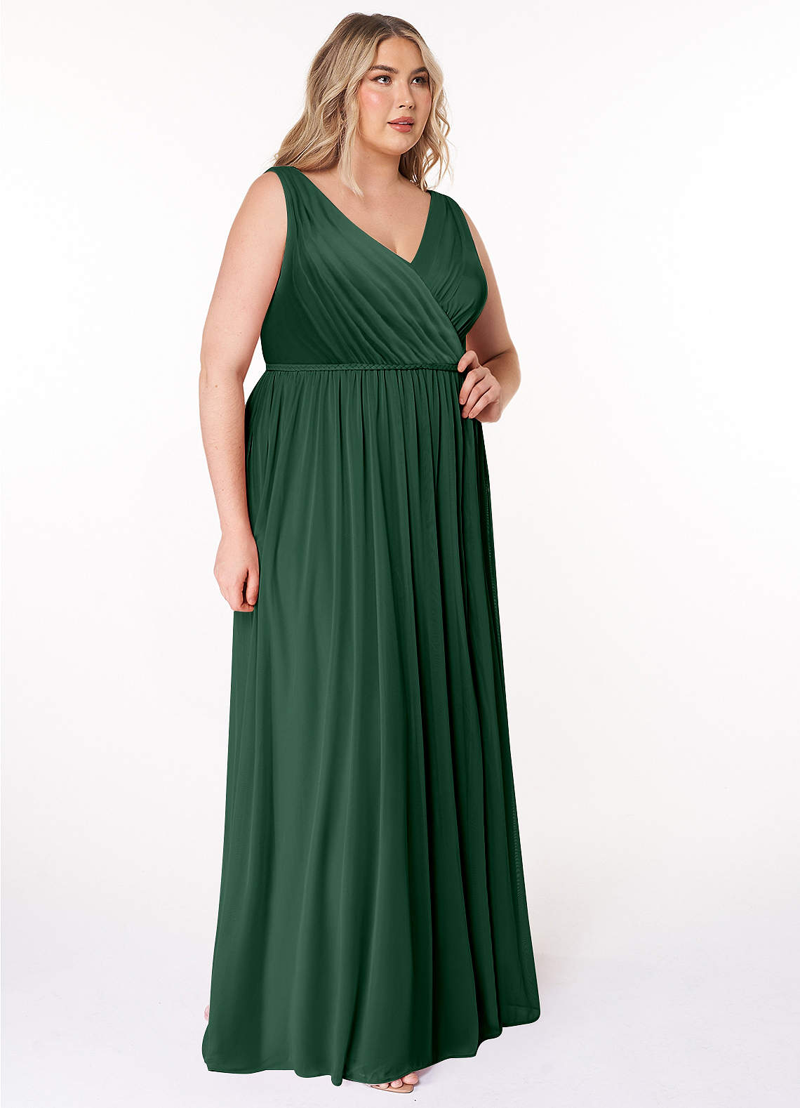 Azazie Tanicia Bridesmaid Dresses Dark Green A-Line V-Neck Pleated Mesh Dress image7