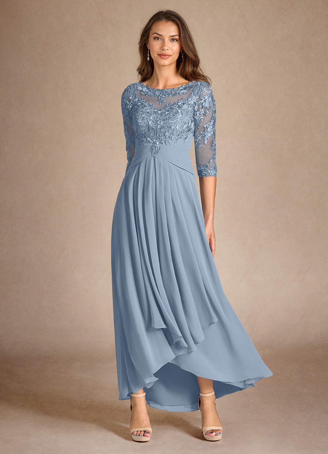 Azazie Marietta Mother of the Bride Dresses Dusty Blue A-Line Lace Dress image1