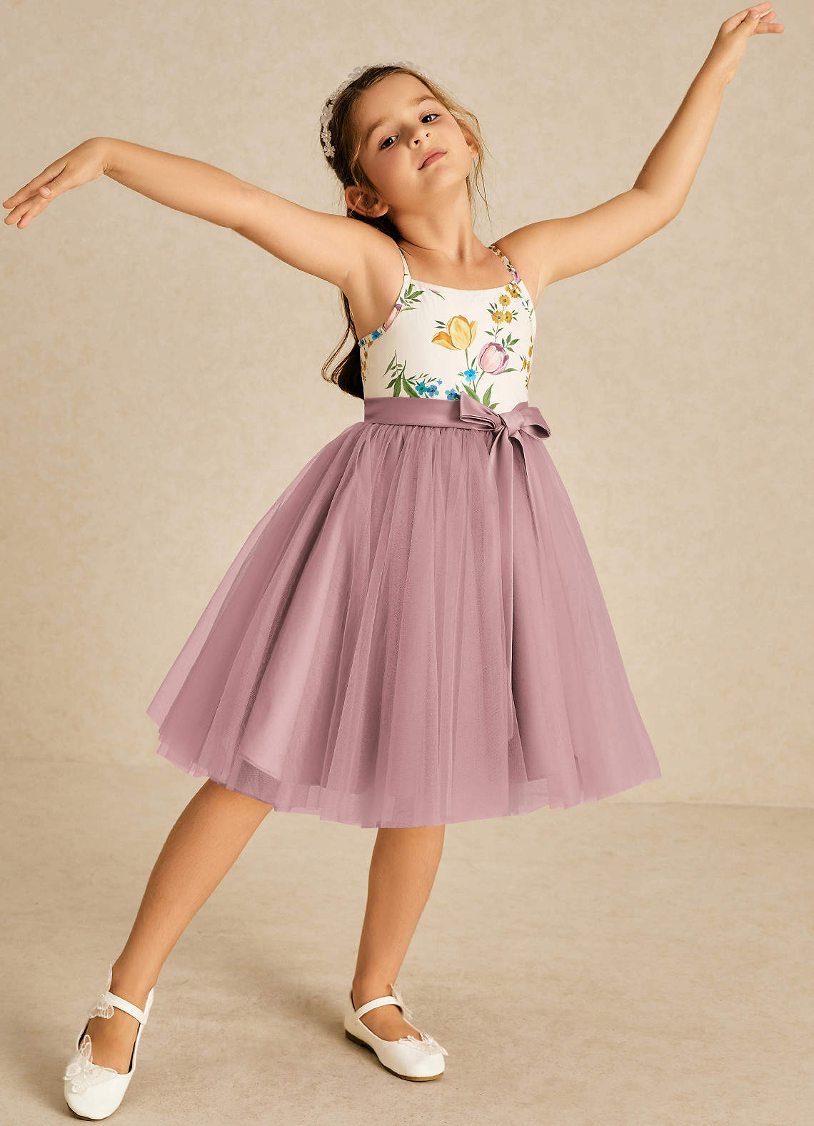 Azazie Jollie Robe Demoiselle D'honneur Fillette Robe Trapèze en Tulle Bretelle Spaghetti Rose Poussiéreuse image1