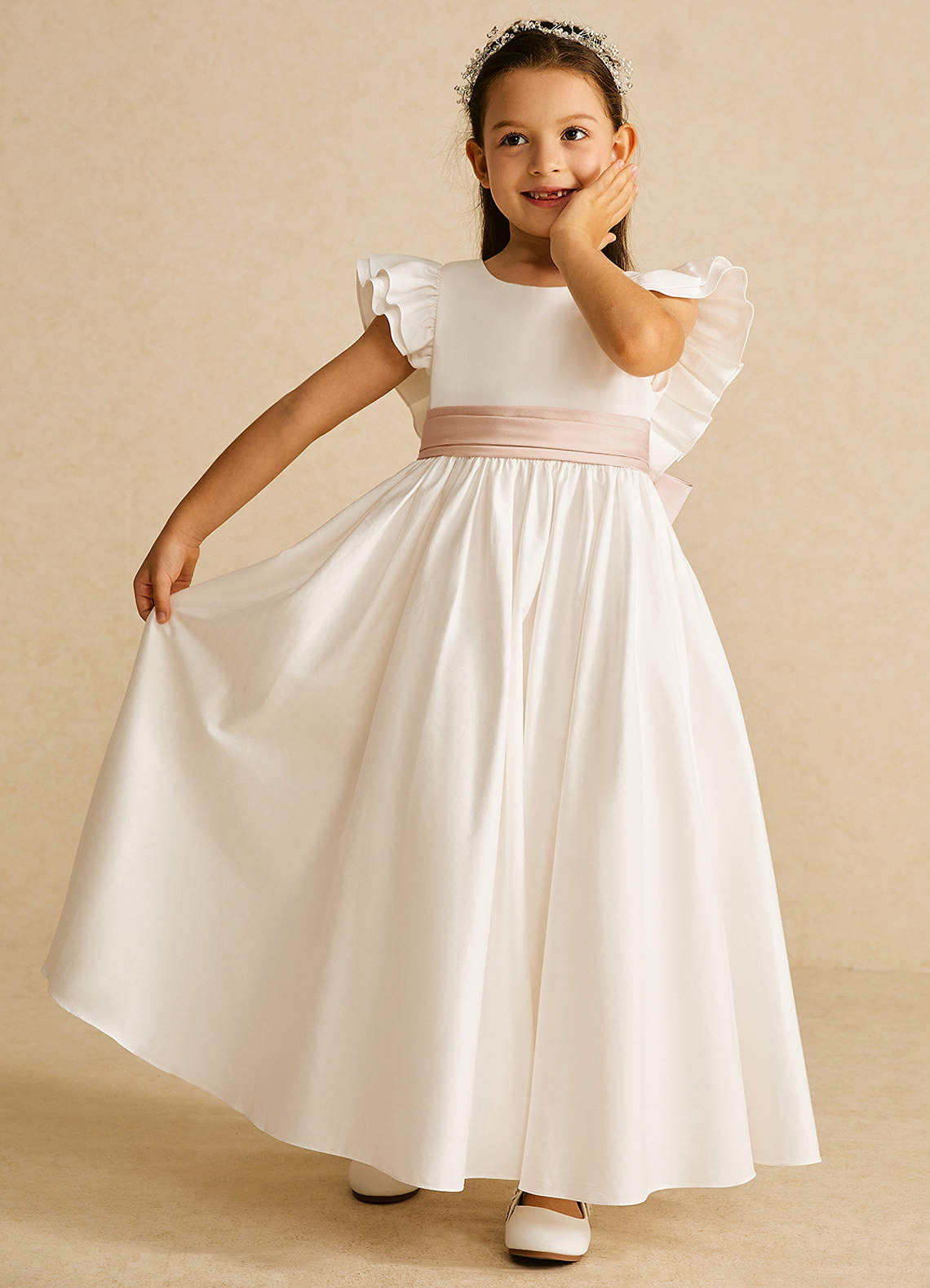 Azazie Aero Flower Girl Dresses Ivory English Rose A-Line Pleated Cotton Dress image5