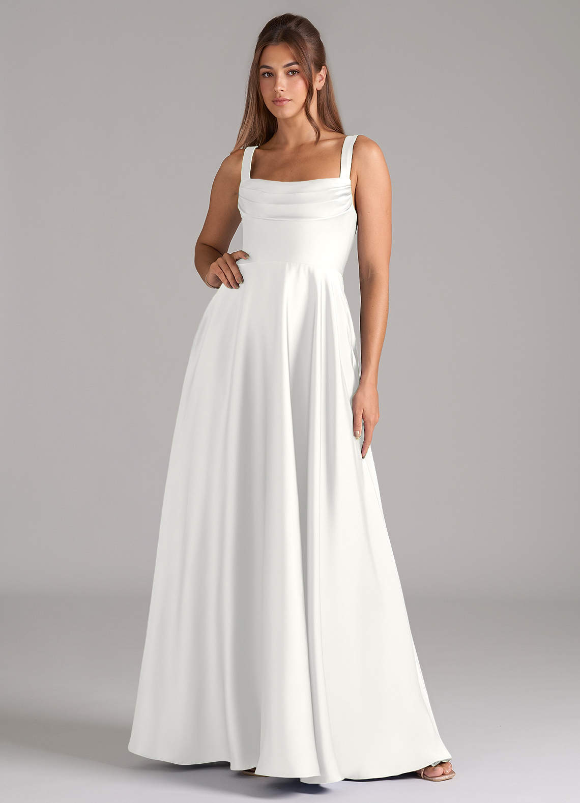 Azazie Plus Size A-Line Square Neck Floor-Length Stretch Satin Bridesmaid Dresses - White Azazie Plus Size A-Line Square Neck Floor-Length Stretch Satin Bridesmaid Dresses - White