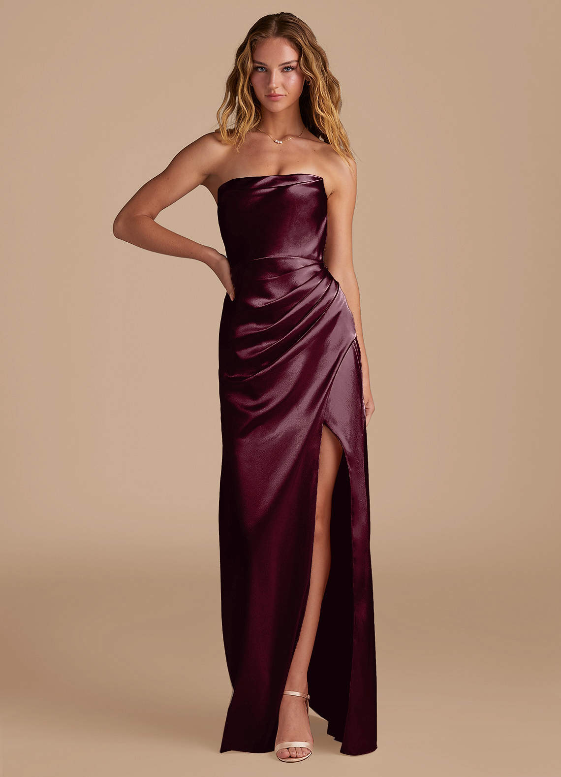 Azazie Leonis Bridesmaid Dresses Cabernet Mermaid Pleated Metallic Satin Convertible Dress image1