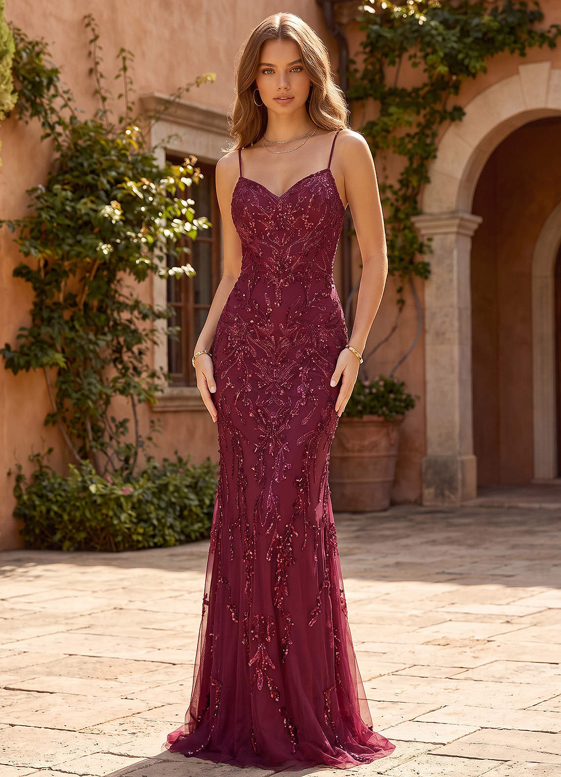 Zivah Burgundy Beaded Corset Lace Up Back Mermaid Dress image1