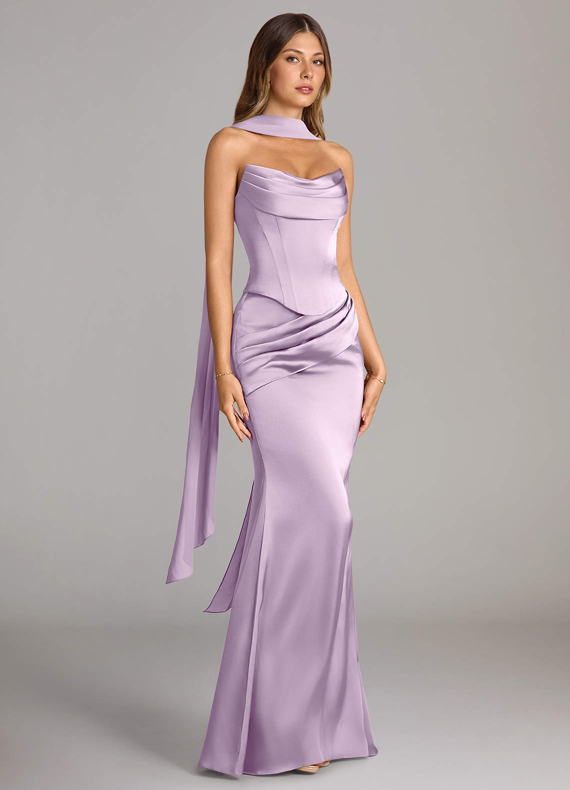 Azazie Sorrel Bridesmaid Dresses Frosted Lilac Mermaid Strapless Stretch Satin Convertible Dress image2