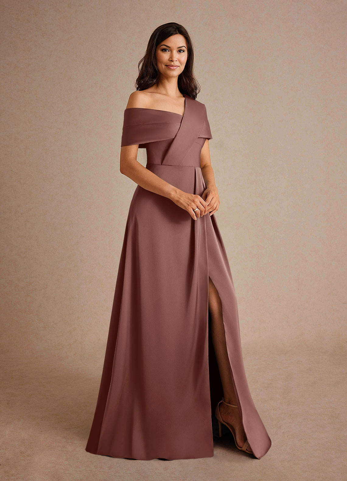 Azazie Milton Mother of the Bride Dresses Espresso A-Line Pleated Stretch Satin Dress image5