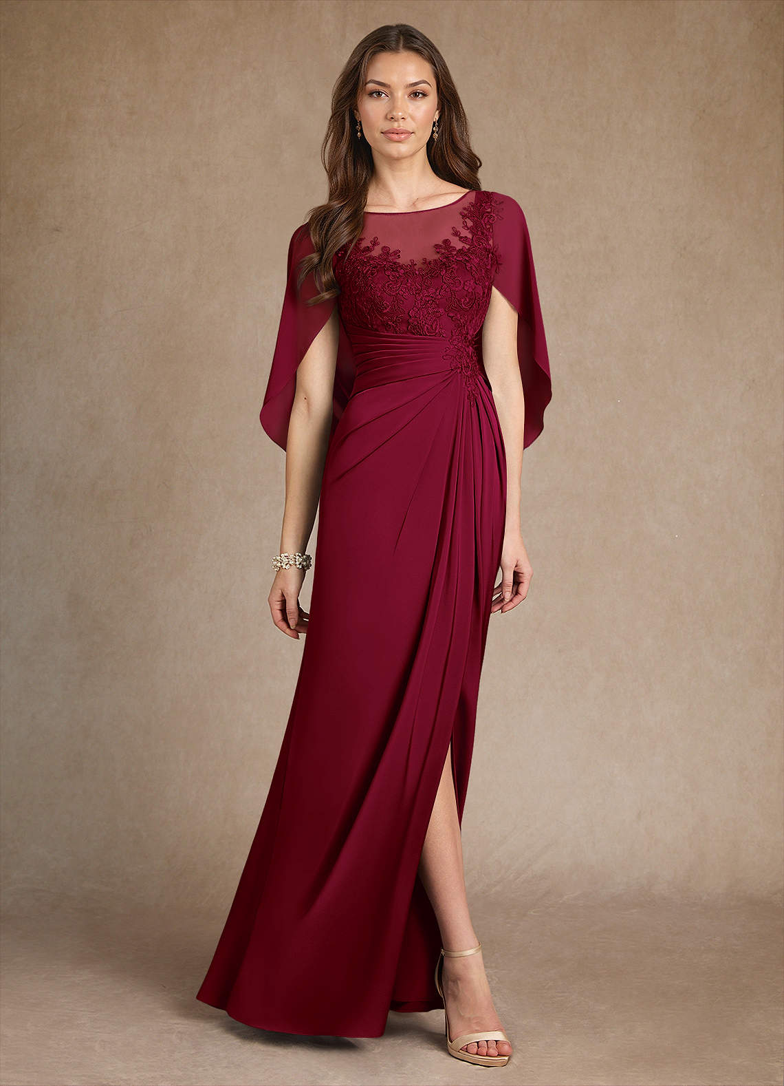 Azazie Hera Mother of the Bride Dresses Burgundy A-Line Lace Stretch Satin Dress image3