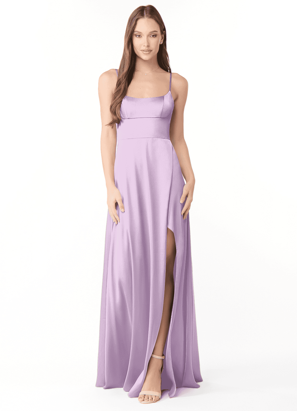 Azazie Halsey Bridesmaid Dresses Frosted Lilac Sheath Side Slit Stretch Satin Dress image1