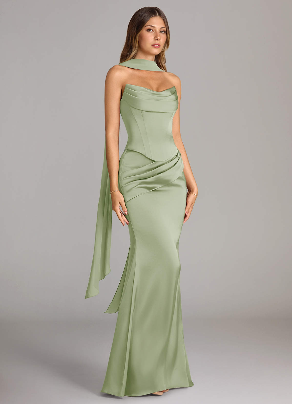 Azazie Sorrel Bridesmaid Dresses Dusty Sage Mermaid Strapless Stretch Satin Convertible Dress image2