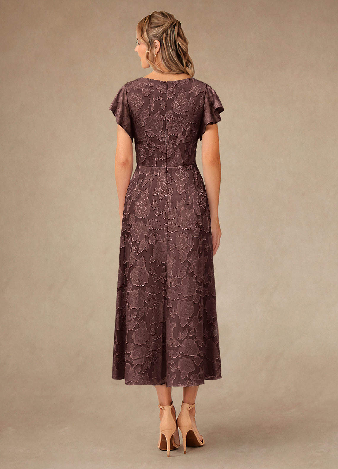 Azazie Vera Mother of the Bride Dresses Espresso A-Line Pleated Floral Burnout Dress image3